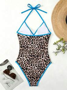 Swim Basics 夏季新款豹纹连体露背性感沙滩泳衣，女士休闲度假风 - 天藍色 - 查看 6