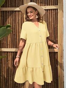 EMERY ROSE Plus Size Women Solid Color Short Sleeve Single-Breasted Casual Dress - Light Yellow - View 6