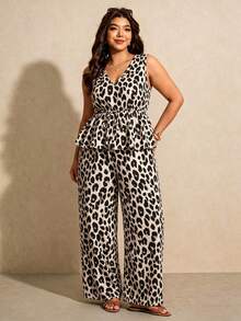 Elaquor Plus Size Casual Vacation Leopard Print Sleeveless A-Line Ruffle Blouse And Straight Leg Pants 2-Piece Set, Summer Outfit - Multicolor - View 7