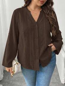 Modelyn Plus Size Women's Solid Color Cuffed Sleeve Pleated Design Casual Shirt - Coffee Brown - View 3