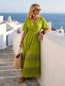 SHEIN Holidaya Women's Elegant Solid Color Contrast Lace Short Sleeve Dress, Summer - Green - View 3