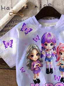 Pakaian Kasual Sehari-hari untuk Remaja Perempuan: Kaos Lengan Pendek Kerah Bulat dengan Motif Huruf Kartun dan Celana Pendek - MultiWarna - View 4
