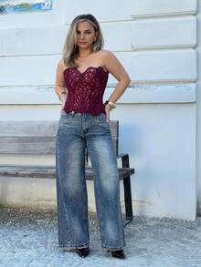 Jeta Ari Women's Sexy Sleeveless Burgundy Lace Up Top With Strapless Neckline And Semi-Sheer Fabric Summer - Burgundy - View 6