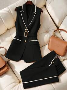GlowEve CURVE Women's Plus Size Patchwork Elegant Blazer Jacket + Straight Leg Pants, Business Suit Set - Black - View 5