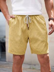HIMLAND Men's Woven Striped Short Waist Slim Fit Casual Straight Leg Shorts, Suitable For Daily Wear In Summer, Vacation, Father's Day Gifts - Yellow - View 3