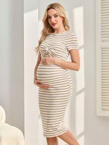 GentleRue Maternity 孕婦休閒條紋扭結前襟短袖哺乳洋裝，夏季度假海灘假日穿搭，舒適女款 - 黃色 - 查看 4
