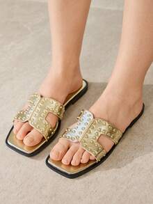 MOTF WOMEN'S SUMMER FASHION STREET CASUAL COMMUTE RIVET DECOR OPEN TOE FLAT SANDALS SPRING SHOES SUMMER SHOES - Light gold - View 4