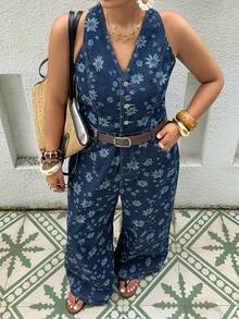 Dazy Plus All-Over Ditsy Floral Tie-Up Backless Casual Loose Wide Leg Denim Jumpsuit, Plus Size Women Spring/Summer Vacation Outfits Women - Dark Wash - View 6