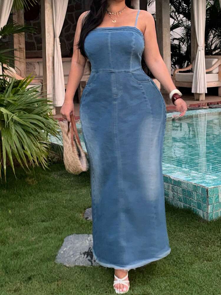 Dazy Plus Sleeveless Washed Distressed Long Denim Dress, Spring/Summer Plus Size, Vacation Style Sun Dresses For Women