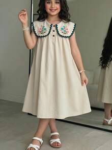 Emery Rose Kids Tween Girl Pastoral Floral Embroidered Floral Pattern Collar Dress - Apricot - View 1