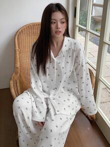 Dazy Plus Heart Print Loose Long Sleeve Top And Long Pants Pajama Set, Plus Size Women Spring/Autumn Sleepwear - White - View 7