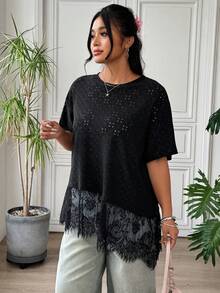 SHEIN EZwear Áo thun nữ cỡ lớn cổ tròn tay ngắn phối ren, nhiều kiểu dáng, đa năng. - màu đen - Xem 4