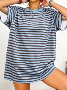 EMERY ROSE Plus Size Women's Pattern Digital Stripe Print Fashionable Minimalist Round Neck Women's T-Shirt - Multicolor - View 1