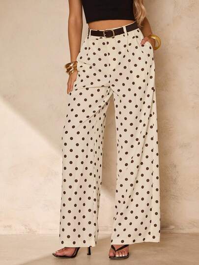 Glamine Women's Fashionable Straight-Leg Casual/Work Polka Dot Pants SummerOutfit Cream Brown Polka Dot Wide-Leg Trousers High-Waisted With Front Pleats Smooth Drapey Fabric Cream Retro-Chic Office Wear All-Year Round Wear Office & Business Casual Wear Women Aged 20-40 Polka Dot Summer Holiday Outfits Work Outfits For Women
