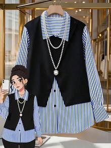 GlowEve CURVE Áo sơ mi nữ size lớn tay dài 2 trong 1 phong cách thường ngày công sở đi làm mùa xuân/thu, họa tiết phối patchwork kẻ sọc in thời trang - Nhiều màu - Xem 1