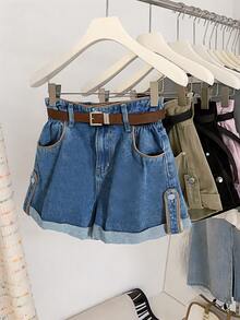 EMERY ROSE Plus Size Cuffed Denim Shorts, Summer - Dark Wash - View 1
