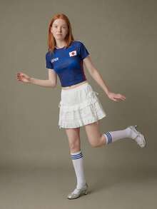 Elnivra 2026足球世界盃日本足球球衣風女款短版T恤 藍白條紋 夏季街頭休閒復古印花球迷上衣 沙灘風 - 藍色 - 查看 4