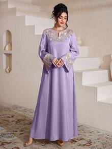 Al Najma Đầm thanh lịch dáng rộng cổ chữ V đính họa tiết thời trang - Màu tím - Xem 6