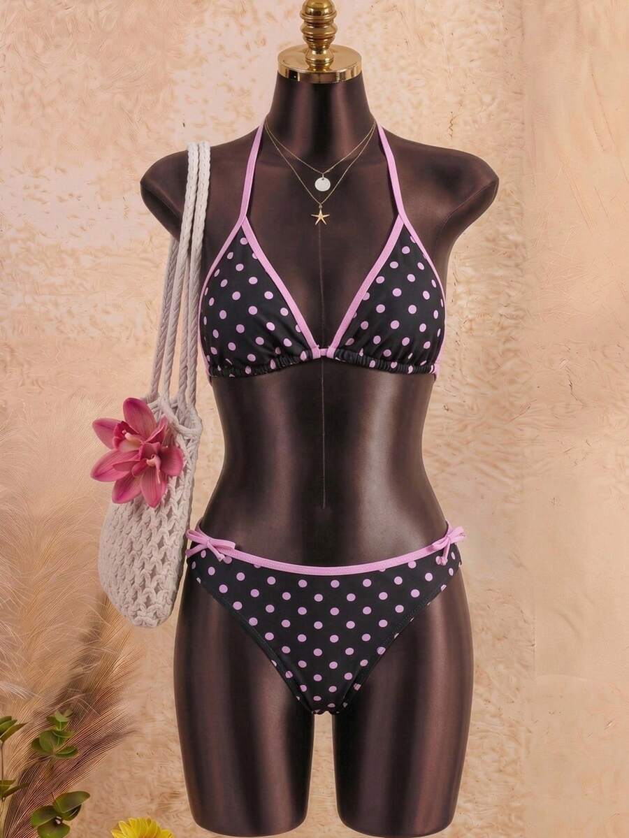 Bộ đồ bơi tankini hở lưng, dây mảnh, màu nâu chấm bi, phối màu tương phản, dành cho thiếu nữ, thích hợp mặc đi biển mùa hè. - màu nâu - Xem 1