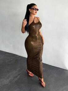 SHEIN SXY Vestido de moda ajustado con diseño de corte para mujer sin mangas - Dorado - Ver 3