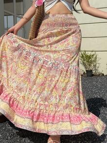 Sunnyshic Chân váy xếp ly cạp thấp họa tiết Paisley, kiểu dáng bohemian thanh lịch, thích hợp cho kỳ nghỉ hè, đi biển, thời trang thường ngày cho nữ. - Hồng - Xem 6