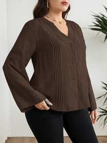 Modelyn Plus Size Women's Solid Color Cuffed Sleeve Pleated Design Casual Shirt - Coffee Brown - View 7