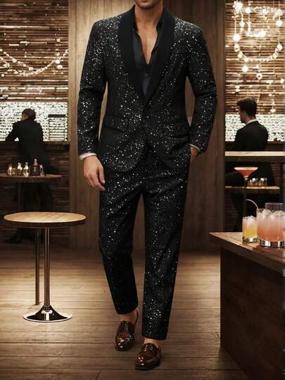 Manfinity AFTRDRK Manfinity Mode Suit Set: Long Sleeve Jacket & Trousers, Sparkling Minimalist Casual Outfit For Daily Wear,Boyfriend Gifts,Valentine's Day Men Men Party Suits Men Suit Set Black Formal