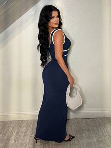 SHEIN SXY Plus Size Navy And White Sleep Dress Deep V Neck Sleeveless Bodycon Maxi Dress Contrast Trim Club Club Night Golf Night Out Summer Sexy Bandage - Navy Blue - View 2