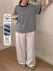 Dazy Plus Conjunto de pijama a rayas cómodo para mujer de talla grande para verano - Azul - Ver 1