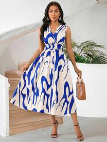 SHEIN Lady Đầm quấn không tay cổ chữ V in họa tiết thanh lịch dành cho nữ, thích hợp cho kỳ nghỉ. - Xanh đậm - Xem 6