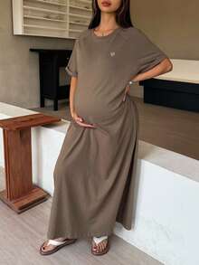 Dazy Maternity 宽松圆领休闲刺绣图案棉质短袖连衣裙，适合孕妇，春夏女式连衣裙 - 棕色 - 查看 6