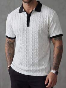 Manfinity Homme 经典黑白条纹加长款 Polo 衫，时尚纹理面料，适合休闲、居家、通勤穿着，是送给男友或丈夫的绝佳礼物，男士白色纹理 Polo 衫 - 白色 - 查看 5