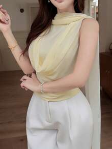 Feyla Women's Elegant Romantic Solid Color Lapel Sleeveless Blouse, Summer Wedding Tea Party Day Party Yellow - Apricot - View 6