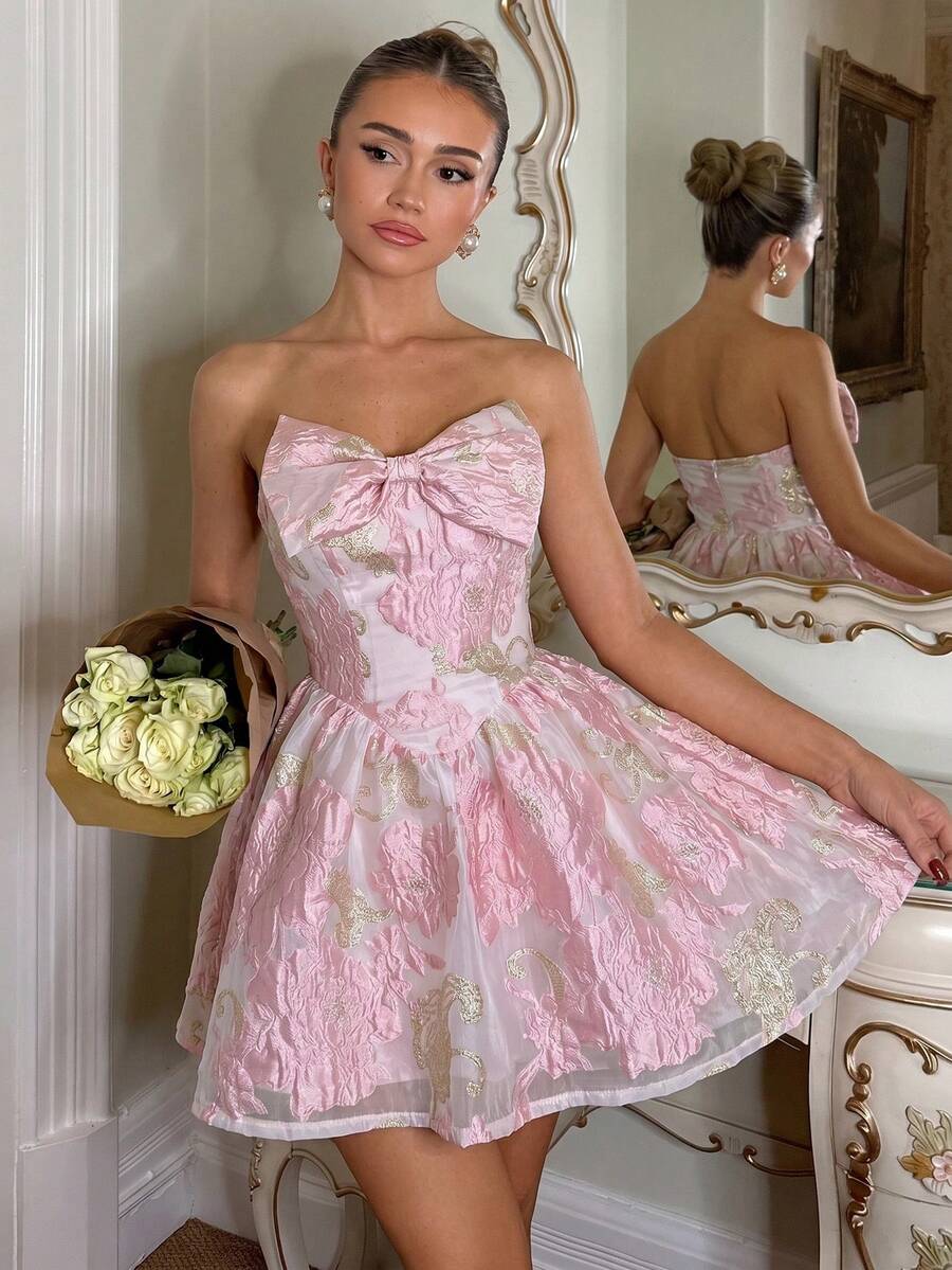 SHEIN Women's Strapless Elegant Sexy Birthday Party Golf Dress, Pastal Summer Cocktail Gown, Wedding Guest Formal Party Dress, Graduation Ceremony Dinner - Pink - View 1