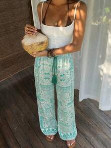 Sunnyshic Quần ống rộng cạp thấp, chất liệu họa tiết Paisley phong cách Bohemian, phối tua rua, thích hợp cho nữ mặc đi nghỉ mát và hàng ngày, phù hợp cho mùa xuân/hè. - màu xanh lá - Xem 5