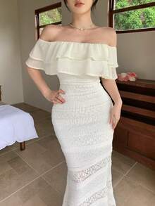 DAZY Đầm midi trễ vai thanh lịch, thoải mái, chất liệu có họa tiết, dành cho nữ, thích hợp cho mùa xuân và mùa hè. - Pearl White - Xem 5