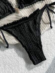 Bikini de mujer Swim Mod-D de unicolor con tela jacquard, decoración metálica y volantes, para primavera/verano - Negro - Ver 5