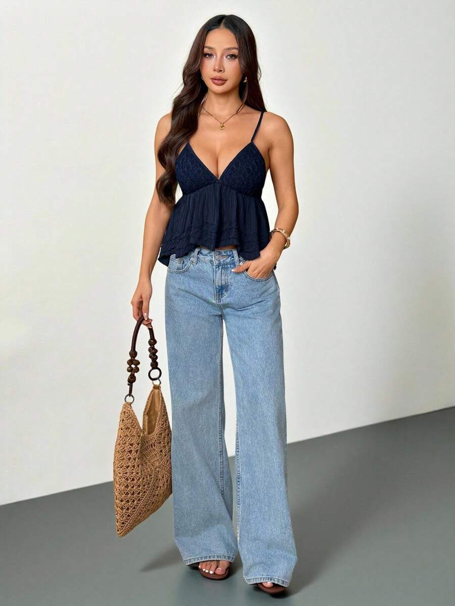 SHEIN PETITE Áo hai dây mùa hè dành cho nữ, phối ren, màu trơn, thích hợp cho mùa hè. - Màu xanh hải quân - Xem 1