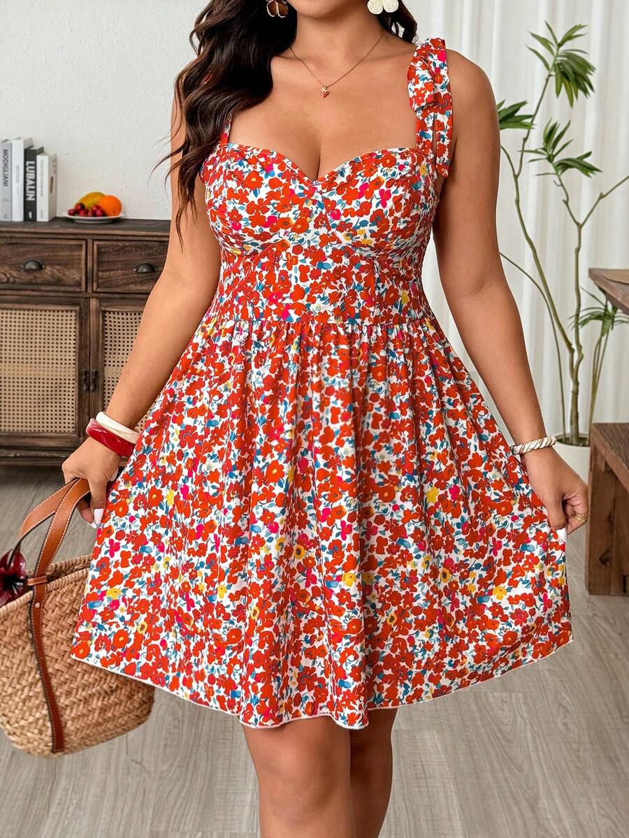 Weeklong Plus Size Women's Ditsy Floral Waist Cinched Elegant Dress For Outing And Party - Red - View 1