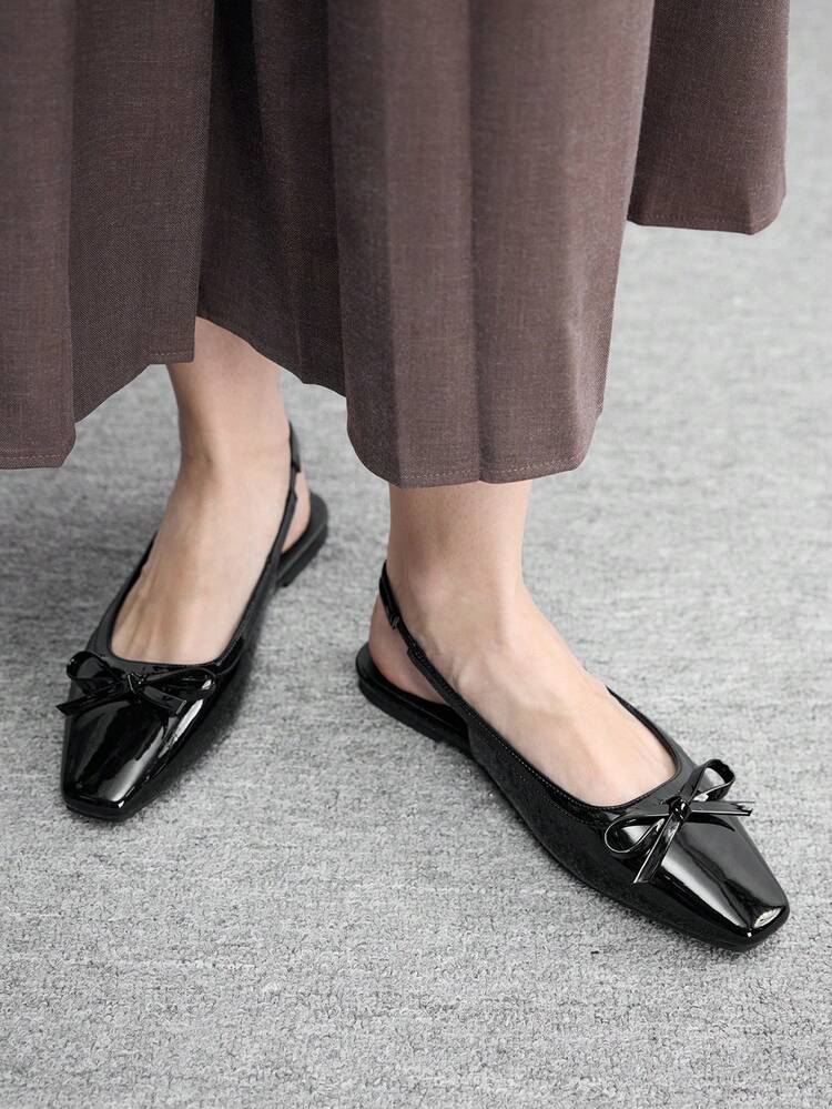 CUCCOO BIZCHIC Women Shoes Small Square Toe Flat Bottom Black Mirror Bow Women's Low Vamp Flat Bottom Shoes Light, Comfortable And Simple Commuting Daily Versatile Women's Flat Shoes