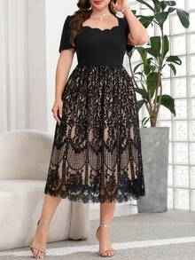 Reflora Vestido elegante de mujer talla grande con escote cuadrado y ribete de concha - Negro - Ver 5