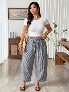 Weeklong Plus Size Women Elegant Plaid Drawstring Waist Pocket Long Pants - Multicolor - View 3
