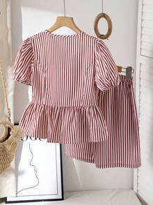 Tween Girls' Striped Vacation Style Set, Adorable Bow Decor On Front, Puff Sleeve Top + Casual Shorts, Comfortable Wear - Pink - View 6