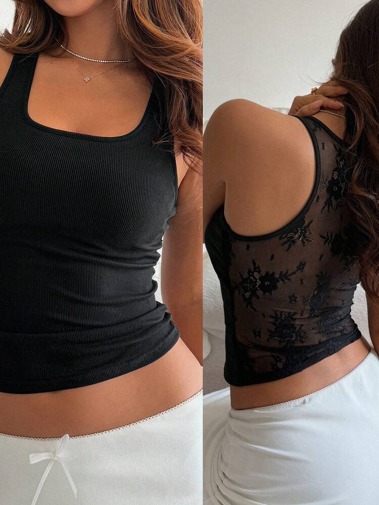 Women's Summer Round Neck Backless Lace Patchwork Sexy Casual Tank Top