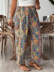 SHEIN VCAY Plus Size Women Loose Casual Boho Pants With Tie Waist And Frill Trim Vacation Royal Blue Autumn Fall Vacation Beach - Multicolor - View 6