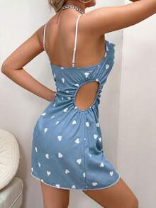 SHEIN Women's Sleepwear With Side Cutout, Ruched Spaghetti Strap And Printed Design - Blue and White - View 2