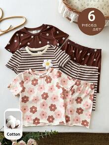 SHEIN 6pcs Baby Girl Knit Floral Striped Round Neck Casual T-Shirt And Shorts Set - Multicolor - View 3