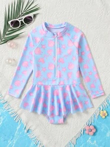 SHEIN Young Girl Starfish Print Long Sleeve One-Piece Swimsuit - Multicolor - View 2