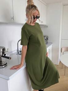 Slowluna 夏季孕妇休闲纯色短袖连衣裙 - 軍綠色 - 查看 6