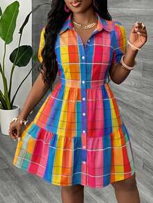 Slaydiva Đầm sơ mi tay ngắn cài cúc đơn, họa tiết kẻ caro nhiều màu sắc, cỡ lớn dành cho nữ, thích hợp cho mùa hè. - Nhiều màu - Xem 3